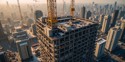 现代化高层建筑施工工地，塔吊作业，工人们正在施工，展现建筑工程场景